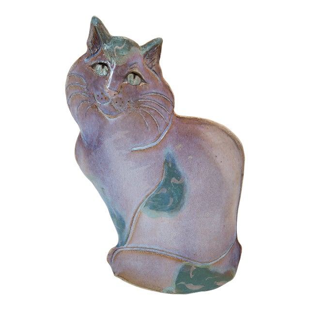 Vintage Studio Pottery Cat Sculpture With Reactive Glaze Hand-Carved For Sale
