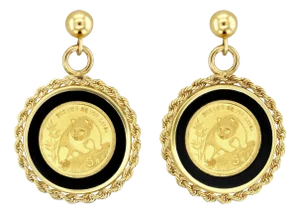 1/20OZ Panda Gold Coin Onyx Bezel Frame Drop Earrings, 2 Pieces