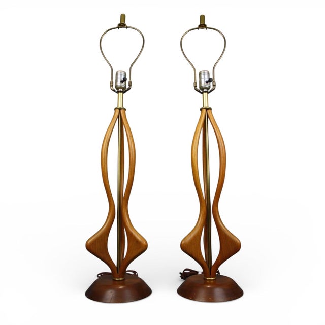 Modeline 1960s Modeline Style Pair of Vintage Mid Century Modern Sculpted Walnut Table Lamps For Sale - Image 4 of 6