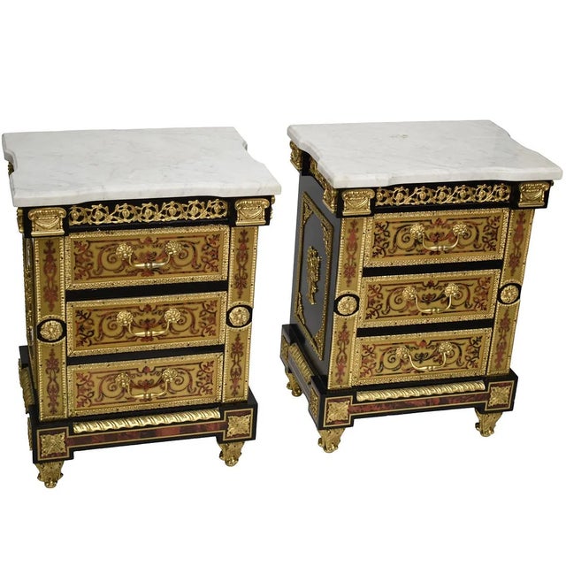 Pair of Antique Style Marble Top Boulle Style End Tables / Nightstands For Sale - Image 4 of 7
