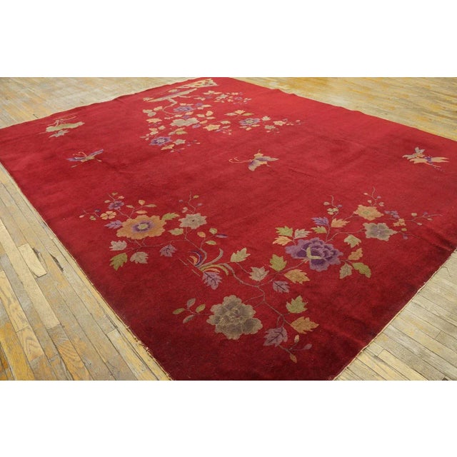 Art Deco 1920s Ruby Red Floral Antique Chinese Art Deco Carpet 9' X 12 Knotted Wool Rug For Sale - Image 3 of 10