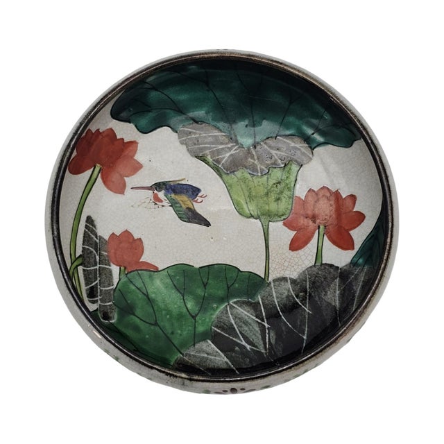 Japanese Vintage Japanese Kyo-Yaki Style Crackle Glaze Lotus Bird Bowl 7.5" For Sale - Image 3 of 10