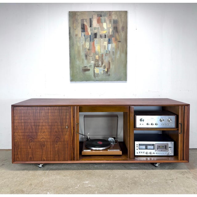 Mid-Century Modern 1960s Mid Century Modern Tambour Door Walnut Credenza / Media Cabinet / Bar Cabinet For Sale - Image 3 of 12