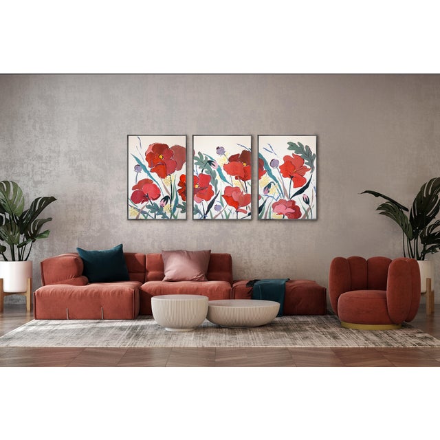 2025, Illustration Style, Original Painting, Large Triptych Landscape, French Prairie, Poppies and Wildflowers, Acrylic Paint on Watercolor Paper For Sale In Miami - Image 6 of 11