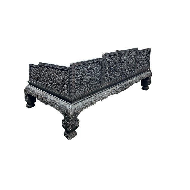 Oriental Dragon Relief Motif Solid Dense Tan Wood Luohan Daybed For Sale - Image 9 of 16