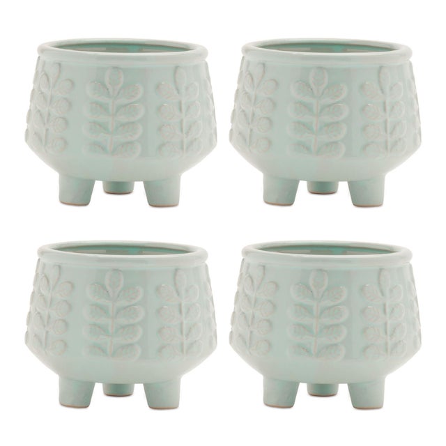Contemporary Footed Ceramic Leaf Pattern Planter (Set of 4) For Sale - Image 3 of 4