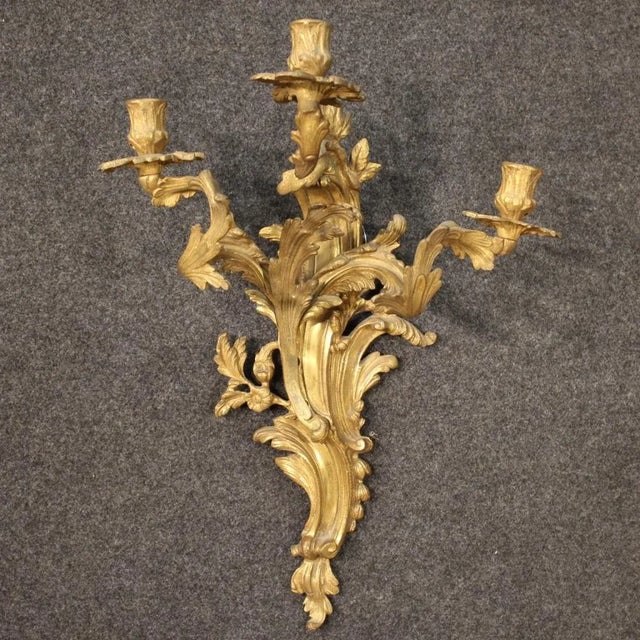 Gold Louis XV French Wall Lights in Gilded Bronze, 1950s, Set of 2 For Sale - Image 8 of 13