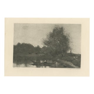 After Corot, River Landscape with Boatman and Cows, 1880, Etching For Sale