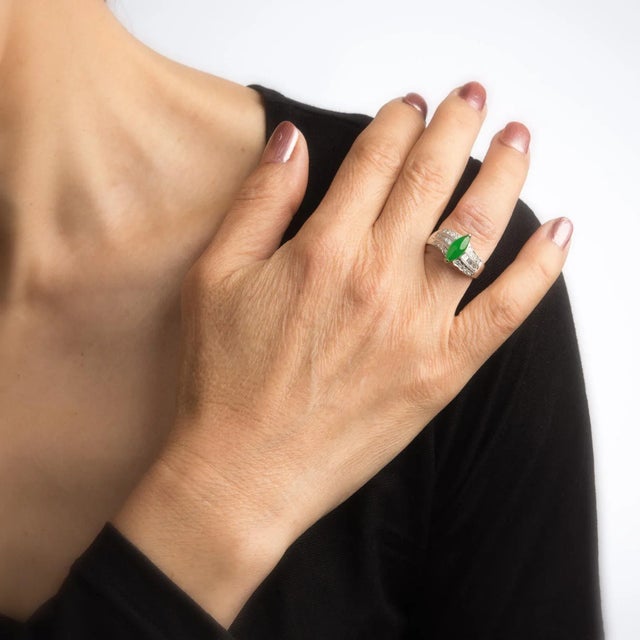 Mid 20th Century Jadeite Jade Diamond Cocktail Ring 18k White Gold Fine Vintage size 6.25 For Sale In Los Angeles - Image 6 of 6