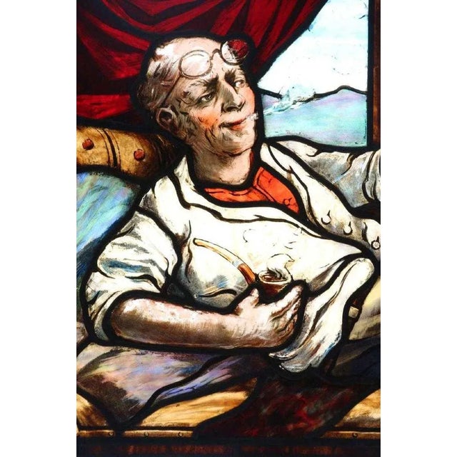 Antique Stained Glass Window With Man and Dog Motif For Sale - Image 9 of 12