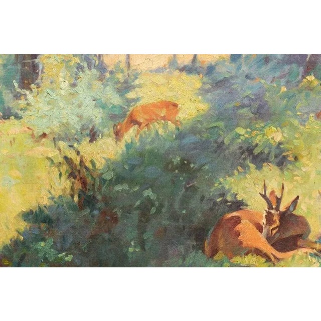 Brown Circa 1920 Deer in the Woods Oil on Panel Painting by Bert Fricke Wolfenbuttel For Sale - Image 8 of 12