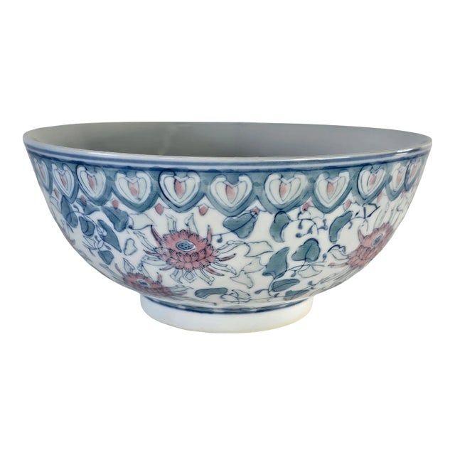 Vintage Chinoiserie Porcelain Bowl With Pink and Green Floral Pattern, 10 Inch For Sale