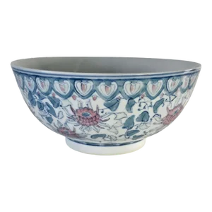 Vintage Chinoiserie Porcelain Bowl With Pink and Green Floral Pattern, 10 Inch