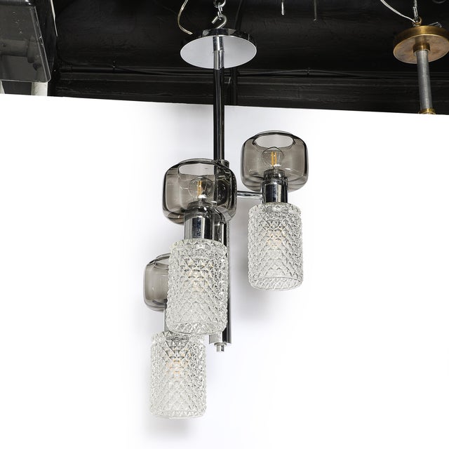 Mid-Century Pressed Crystal & Smoked Murano Glass Staggered 3-Arm Pendant For Sale - Image 9 of 14