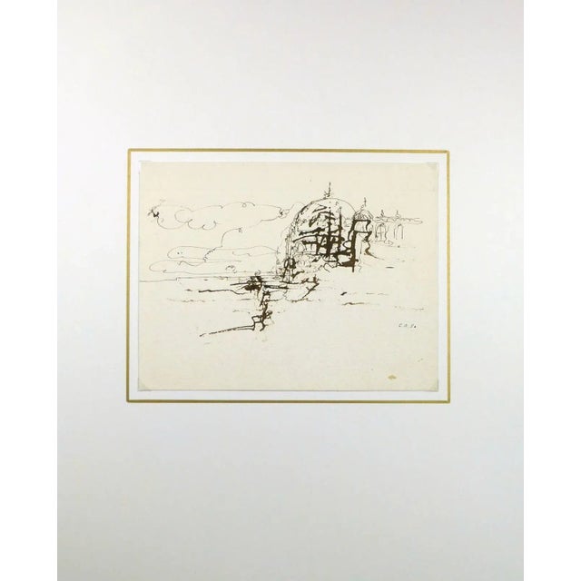 Fluid French ink wash seascape, 1980. Initialed and dated lower right. Original artwork on paper displayed on a white mat...