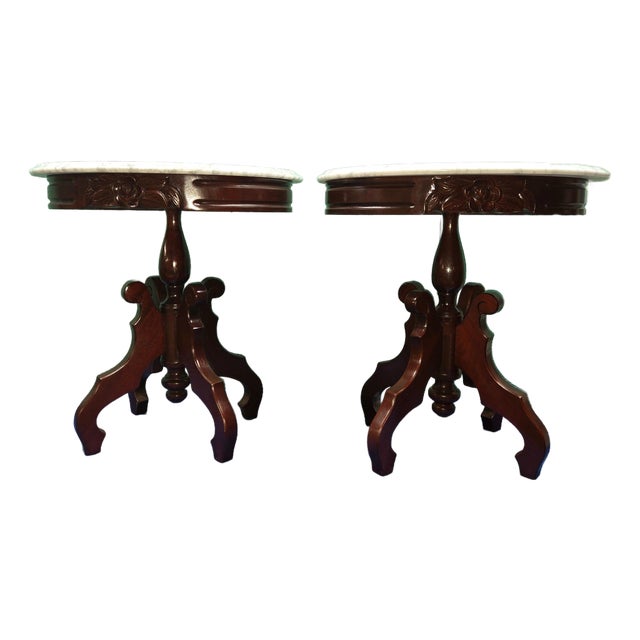 Pair of Small Mahogany Marble Tables With Wooden Bases and Rose Embellishments For Sale