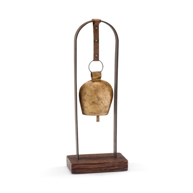 Brass horseshoe bell with patina, wood and iron suspension 23h x 9w x 4.8d
