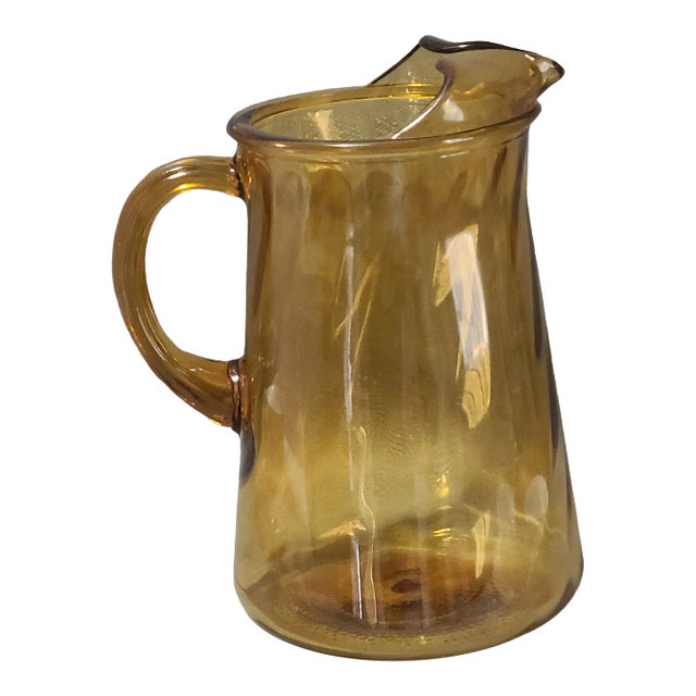 Vintage Amber Glass Lemonade Water Pitcher Attached Handle For Sale