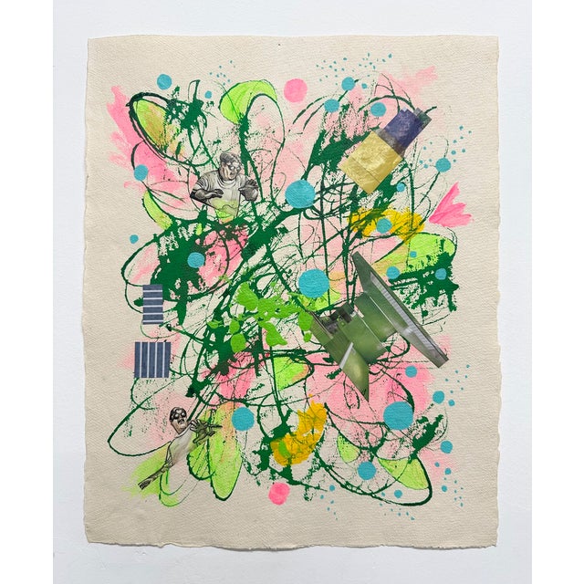 A colorful work on paper from mid career artist Ben Junta Acrylic, Collage, Ink on Paper 14.75" x 12"