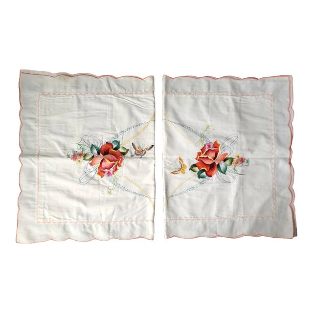 Chinese HandSewn Butterfly Accent Fine Linen Pillow Covers - Pair. For Sale
