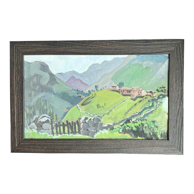 1950s French Original Post-Impressionist Paysage Village Country Gouache Painting, Framed For Sale