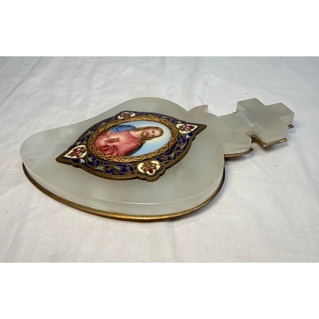 Paint Rare Antique 1800's French Jade Bronze Enamel Champleve Mini Jesus Painting Art For Sale - Image 7 of 10