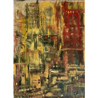 Abstract Cityscape 1960 Oil Painting Signed Chait Expressionist NYC City Scene, 1960 For Sale