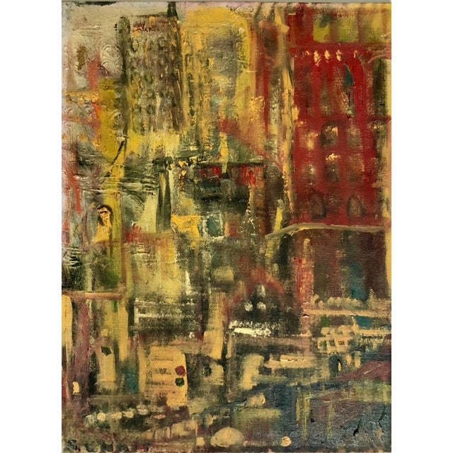Abstract Cityscape 1960 Oil Painting Signed Chait Expressionist NYC City Scene, 1960 For Sale