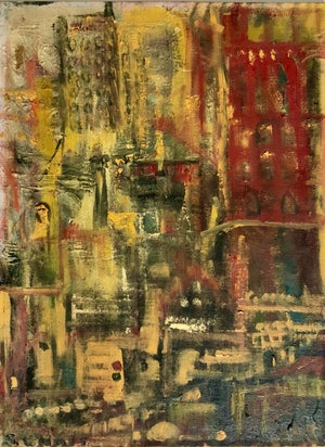 Abstract Cityscape 1960 Oil Painting Signed Chait Expressionist NYC City Scene, 1960