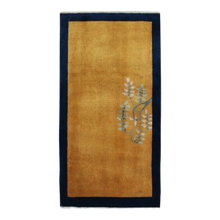 Vintage Chinese Deco Style Rug in Gold, Navy Border, Green Floral Pattern For Sale