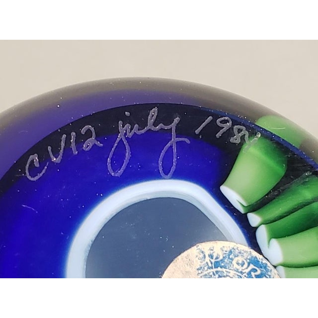 Modern Orient & Flume 1984 Lampwork Glass Paperweight - Lady Slipper Orchid on Blue For Sale - Image 3 of 3