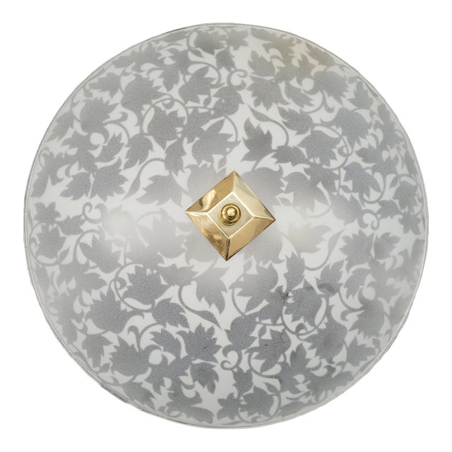 Vintage Mid Century White Frosted Flowers Vines Glass Ceiling Light For Sale