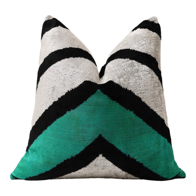 Green Chevron Silk Velvet Throw Pillow 20x20 | Handmade Organic Luxury For Sale