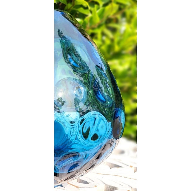 Art Deco Mid 20th Century Czech Masterpiece Blue Optical Bubble Glass Vase For Sale - Image 3 of 5