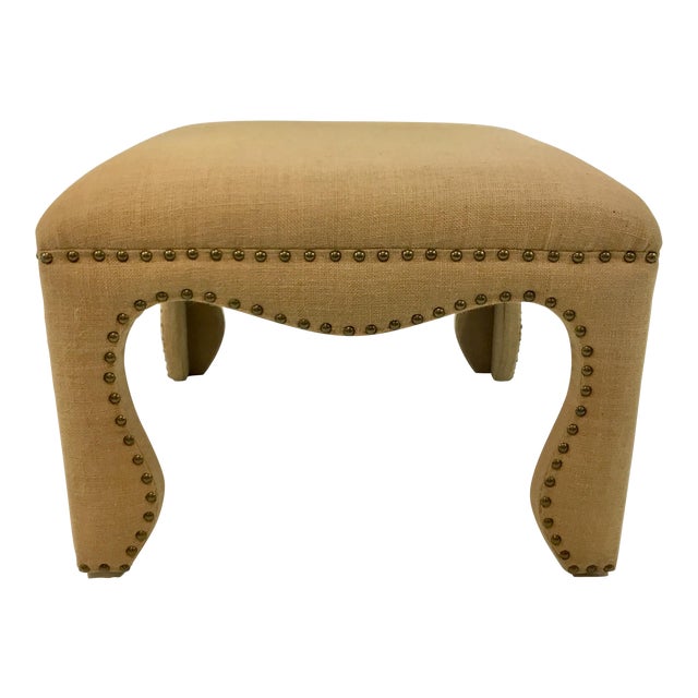 Transitional Burlap Ottoman With Antique Brass Nailheads Chairish