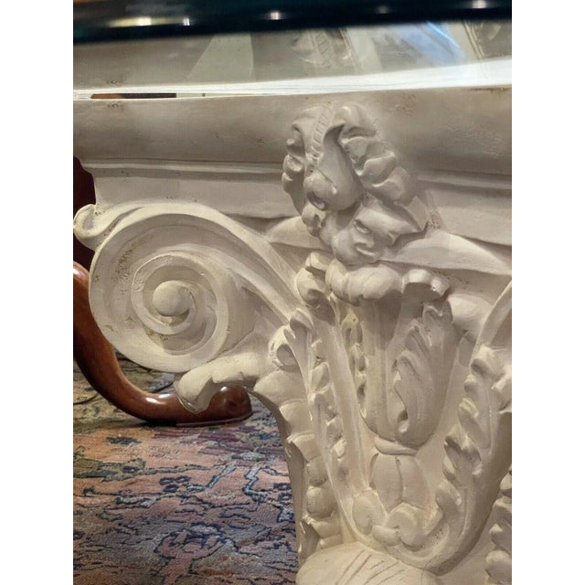 1990s Clear Coated White Plaster Corinthian Column Bevelled Glass Top Coffee Table For Sale - Image 10 of 13
