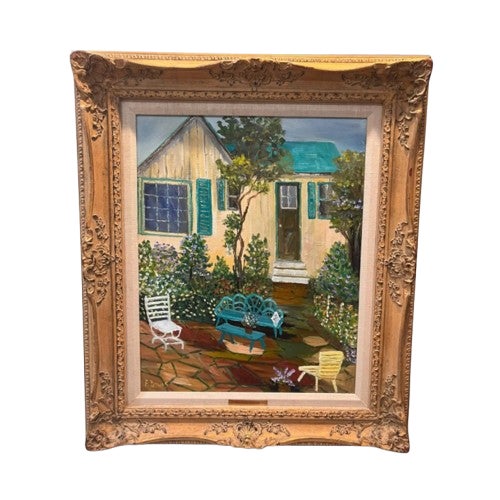1980s Francis “Duke” Downs Palm Beach Florida Cottage Garden Original Oil on Canvas, Signed & Framed For Sale