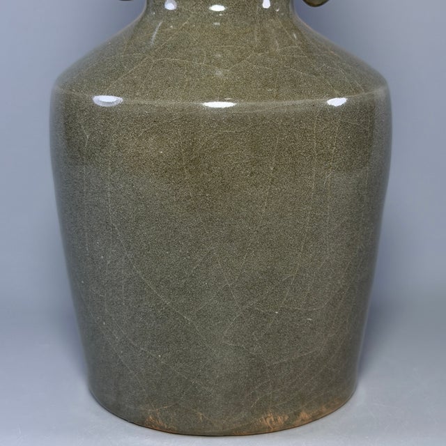 Antique Chinese Longquan Celadon Vase With Twin Fish-Dragon Handles For Sale - Image 6 of 9