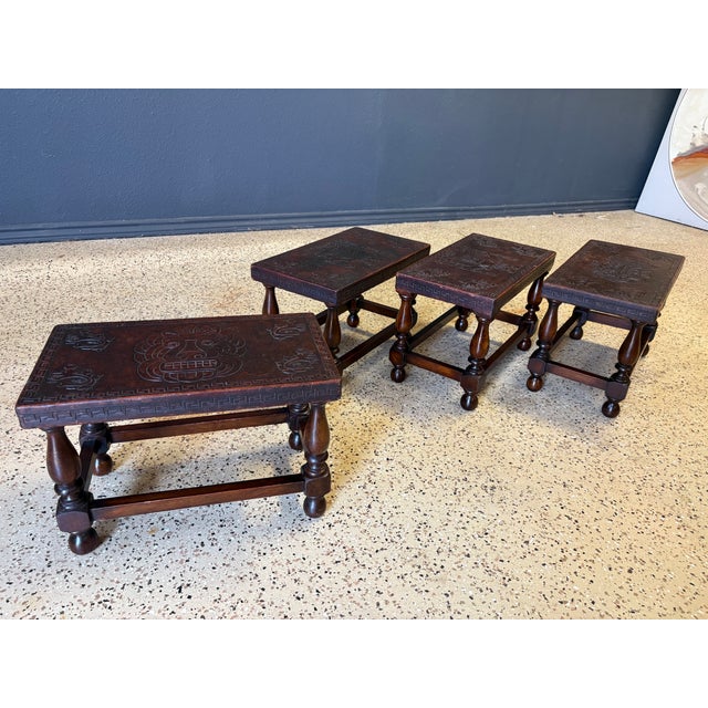 Traditional Antique Tooled Leather Top Stools / Tables For Sale - Image 3 of 17