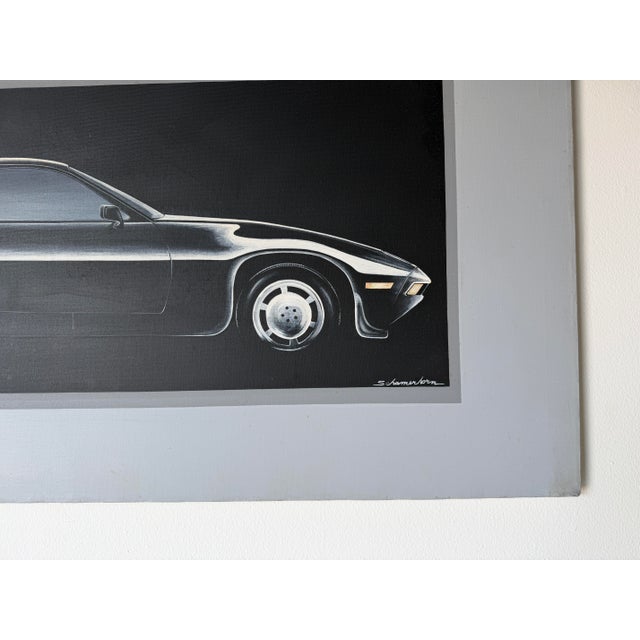 1980s Schamerhorn Classic Black Porsche 928 Oil on Canvas Painting – Signed, Unframed For Sale - Image 9 of 13