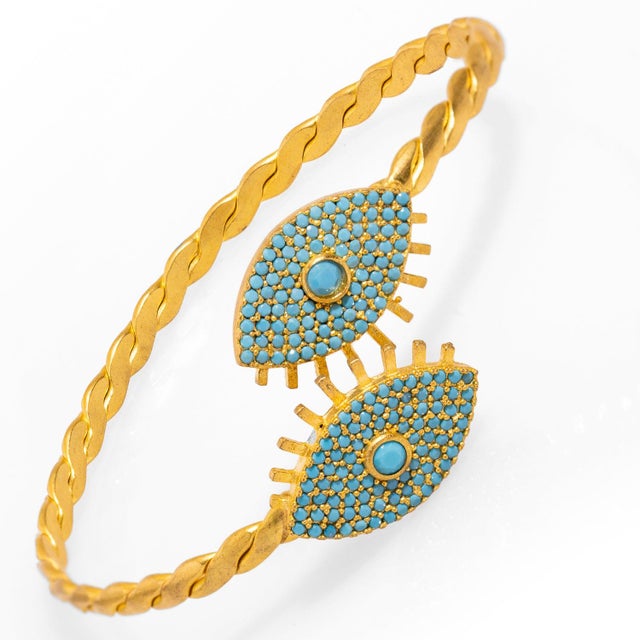 2020s Turquoise Evil Eye Twisted Gold Design Cuff Bracelet For Sale - Image 5 of 7