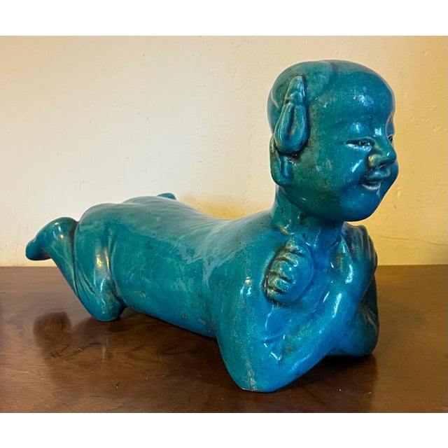 Antique 19th Century Chinese Monochrome Porcelain Turquoise Glaze Pillow or Head Rest Sculpture in the Form of a Crouching Boy For Sale - Image 18 of 18