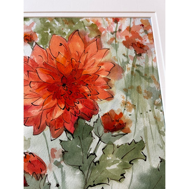 Paper Original Watercolor Painting of “Orange Dahlias” For Sale - Image 7 of 9