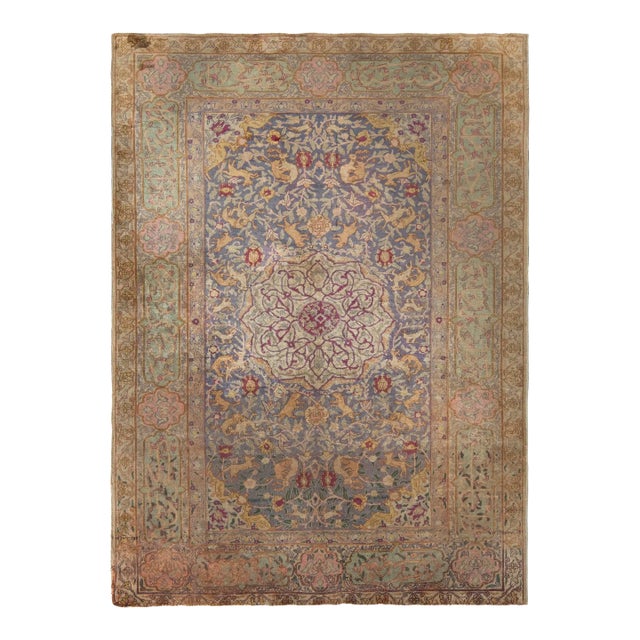 Hand-Knotted Antique Kayseri Rug in Green and Gold Medallion Pattern For Sale