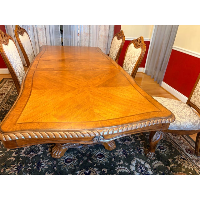 Camel 1990s Grand Traditional Italian Carved Pedestal Dining Table & 8 Damask Chairs - 9 Piece Set For Sale - Image 8 of 9