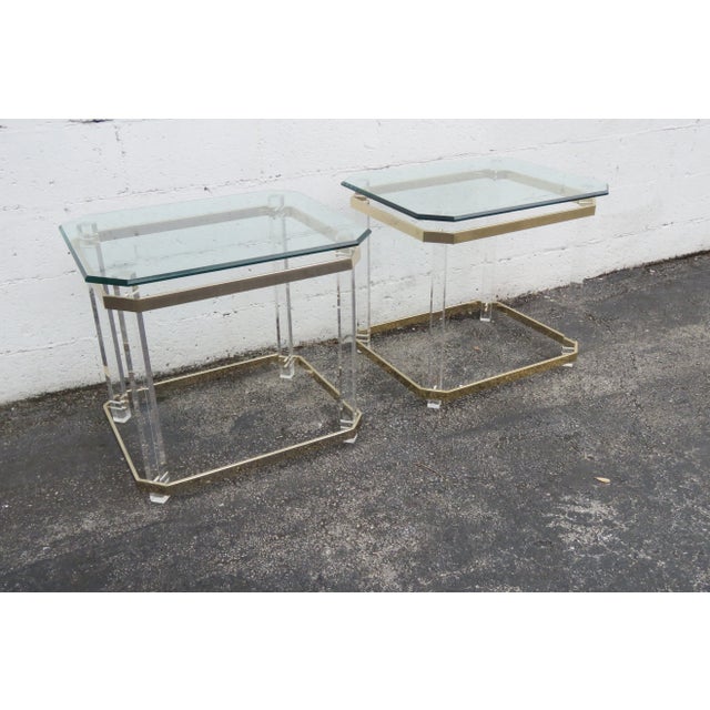 Metal Hollywood Regency Lucite and Brass Finish With Glass Top Side Tables a Pair For Sale - Image 7 of 12