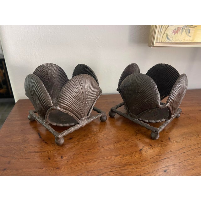 Vintage Brutalist Cast Metal Shell Candle Holders – Sculptural Organic Modern Pair For Sale In Naples, FL - Image 6 of 11
