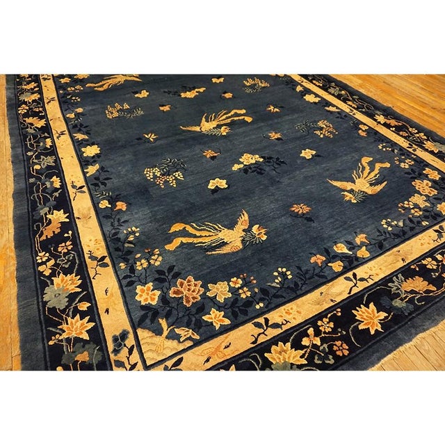 Blue Floral Bird Chinese Peking Knotted Room Size Blue Wool Antique 1920s Rug For Sale - Image 4 of 9