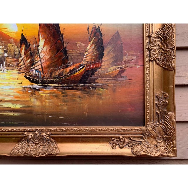 Late 20th Century Stunning Oil Painting on Canvas, Seascape, Sailing Ships at Sunset, Framed For Sale - Image 11 of 12