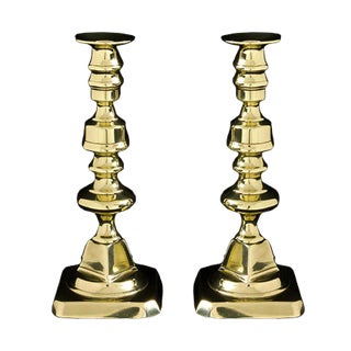 Victorian Knop-Stemmed Brass Candlesticks, Set of 2 For Sale